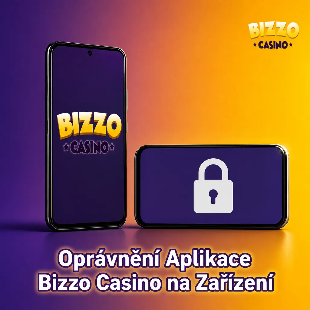 Oprávnění aplikace Bizzo Casino: internet, úložiště, fotoaparát pro KYC, notifikace a poloha pro ověření licence
