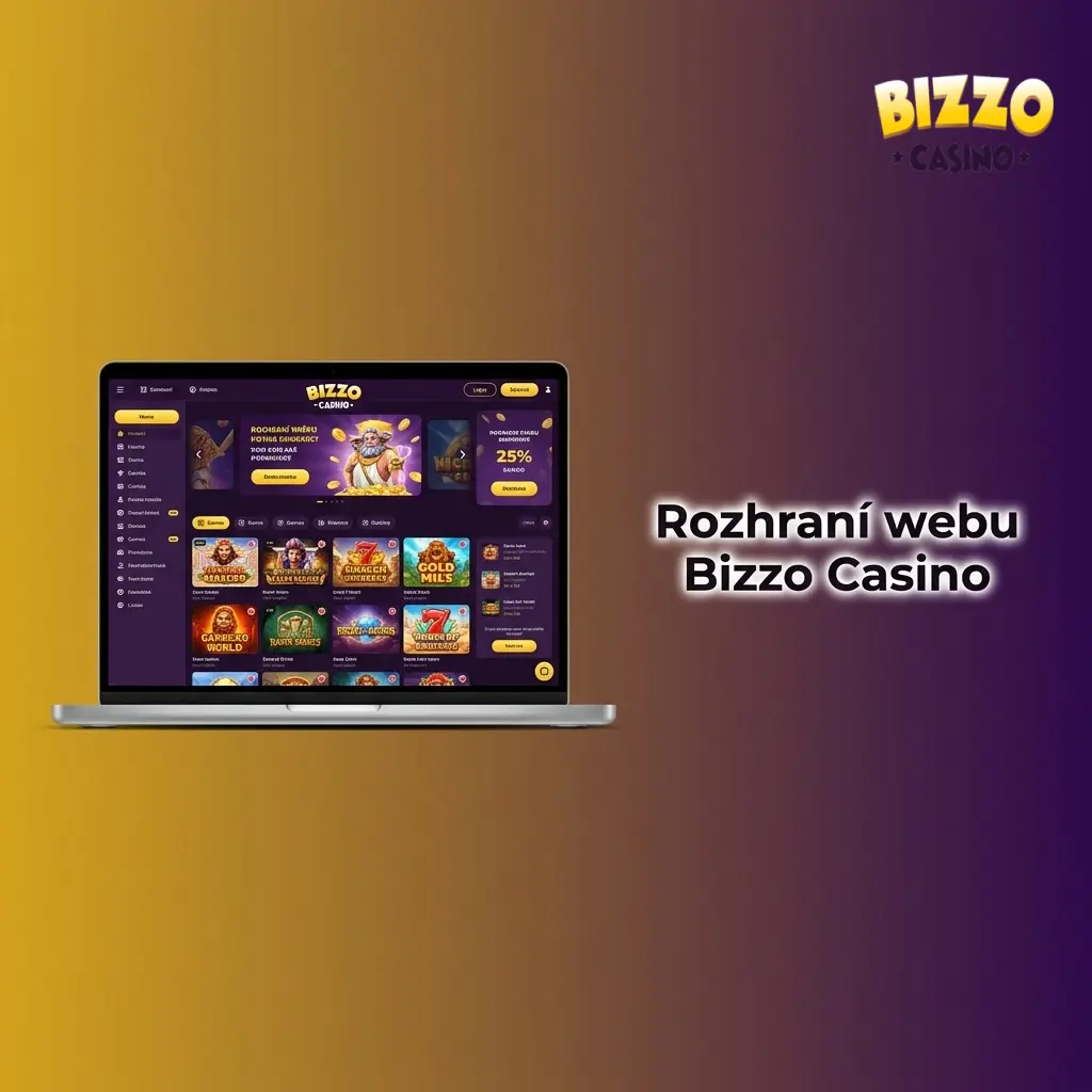 Rozhraní webu Bizzo Casino s tmavým designem, navigační lištou a sekcemi Casino, Live Casino a Sportsbook